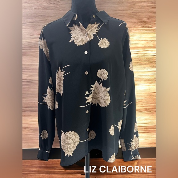 Liz Claiborne Tops - Liz Claiborne, SZ 12, Black/Beige Floral Print, Long Sleeve, Button Up.